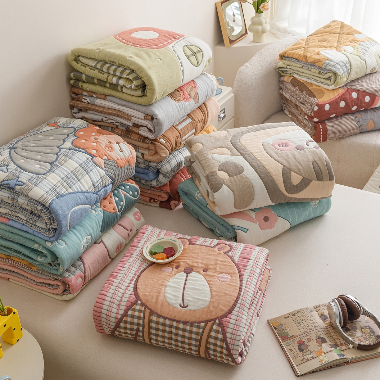 91家纺网 家纺一手货源 找家纺 朴尔家纺-毛巾被 2026新品纯棉云朵棉卡通独版十层加厚纱布泡芙被毛巾被 组合图