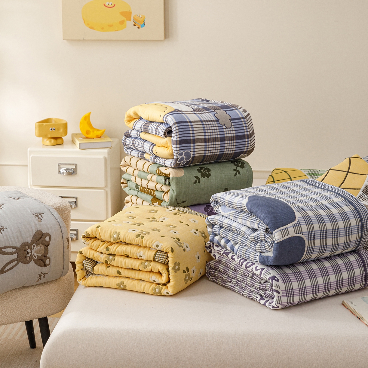 91家纺网 家纺一手货源 找家纺 朴尔家纺-毛巾被 2026新品十层轻肤纯棉云朵棉色织提花纱布泡芙被毛巾被 组合图