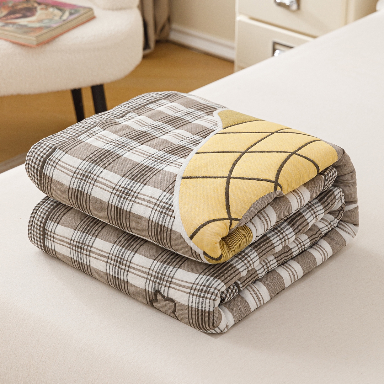 91家纺网 家纺一手货源 找家纺 朴尔家纺-毛巾被 2026新品十层轻肤纯棉云朵棉色织提花纱布泡芙被毛巾被 气球卡皮-灰