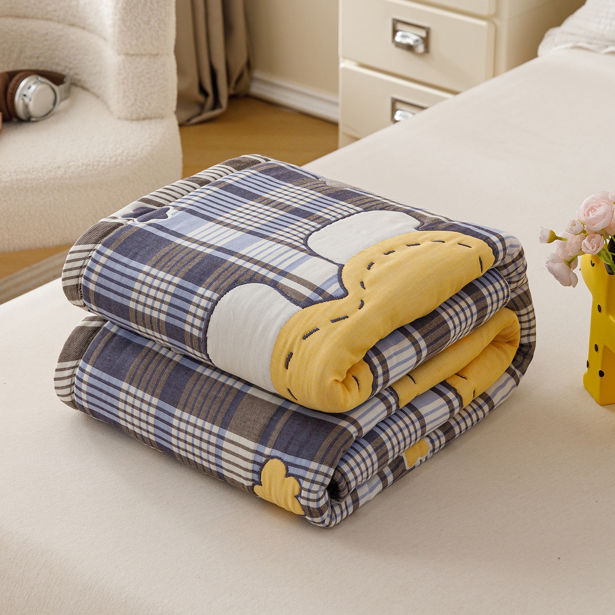 91家纺网 家纺一手货源 找家纺 朴尔家纺-毛巾被 2026新品十层轻肤纯棉云朵棉色织提花纱布泡芙被毛巾被 喜乐象