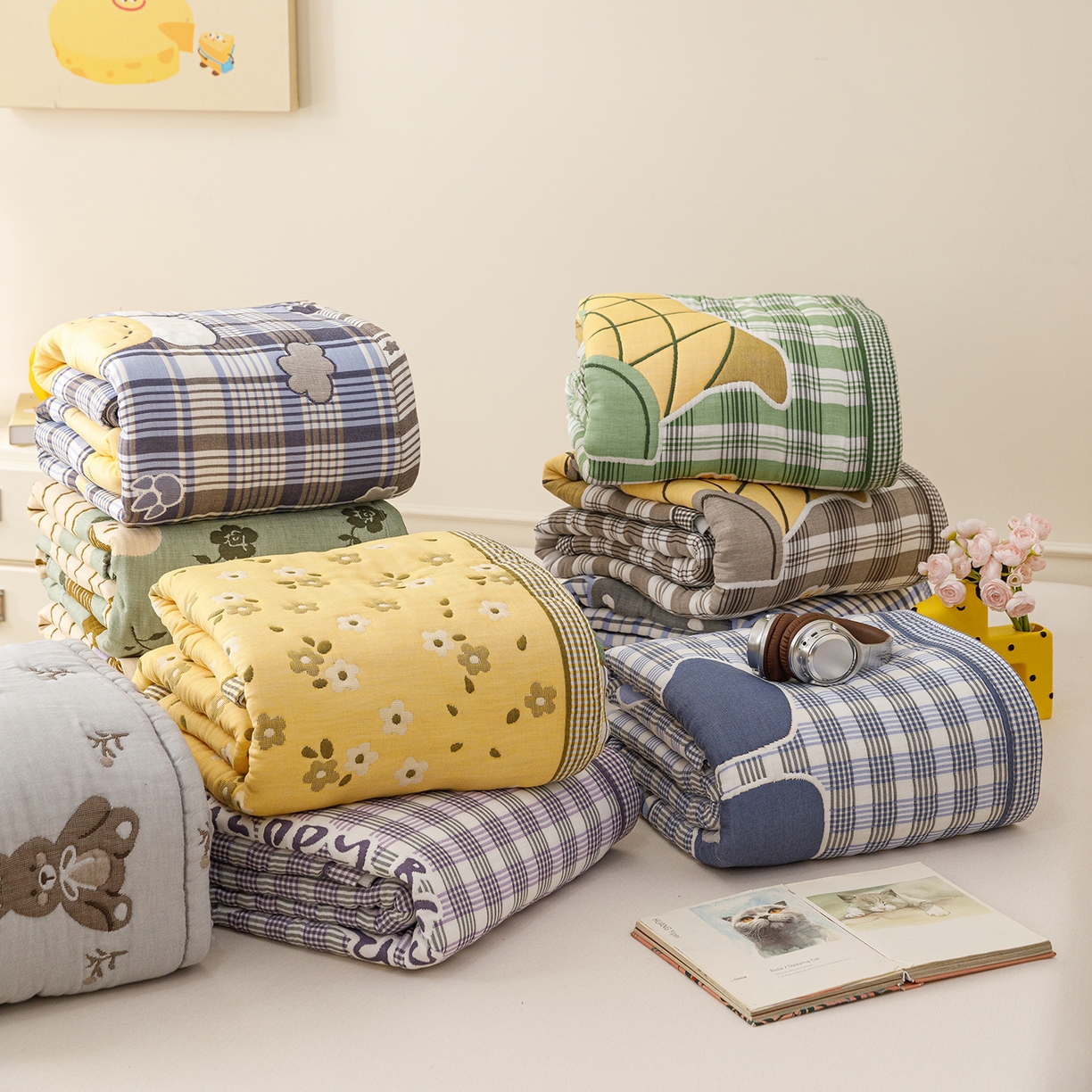 91家纺网 家纺一手货源 找家纺 朴尔家纺-毛巾被 2026新品十层轻肤纯棉云朵棉色织提花纱布泡芙被毛巾被 组合图