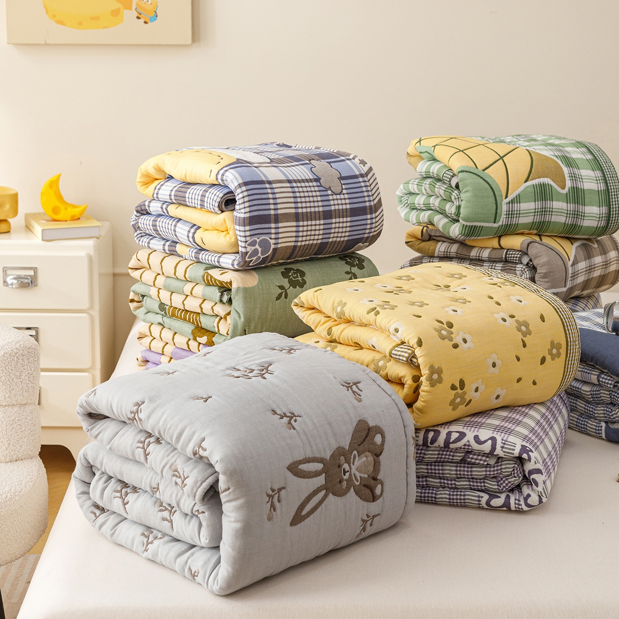 91家纺网 家纺一手货源 找家纺 朴尔家纺-毛巾被 2026新品十层轻肤纯棉云朵棉色织提花纱布泡芙被毛巾被 组合图