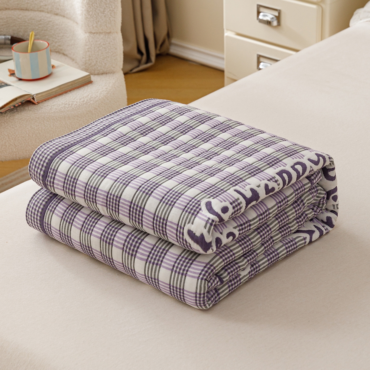 朴尔家纺-毛巾被 2026新品十层轻肤纯棉云朵棉色织提花纱布泡芙被毛巾被 贝尔熊-紫