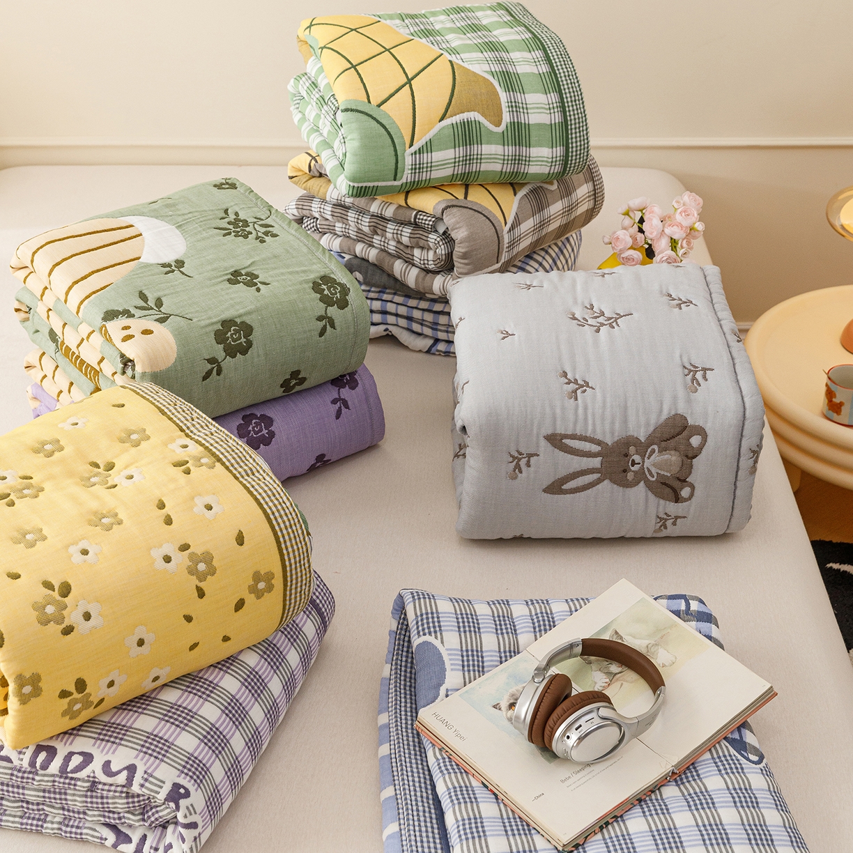 91家纺网 家纺一手货源 找家纺 朴尔家纺-毛巾被 2026新品十层轻肤纯棉云朵棉色织提花纱布泡芙被毛巾被 组合图