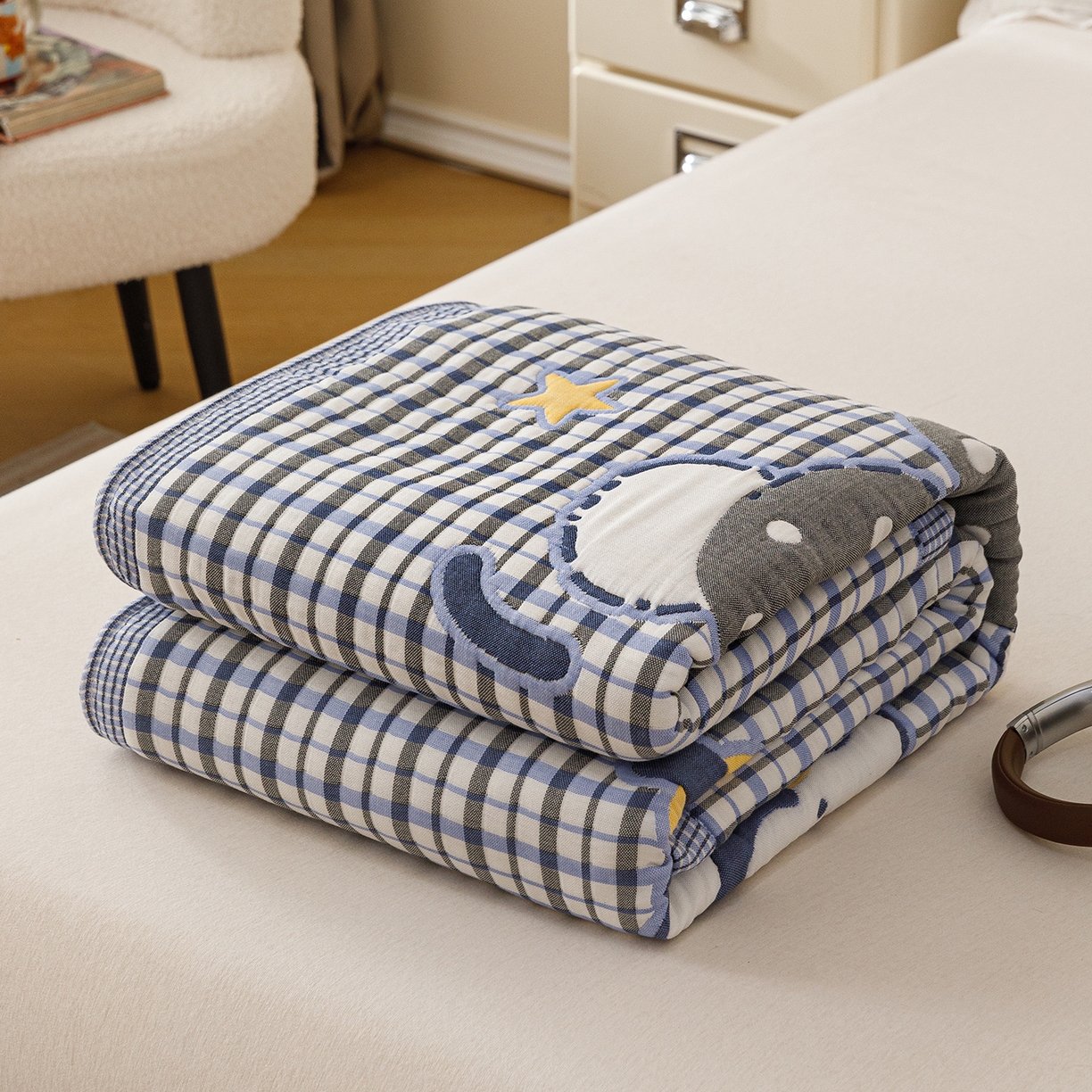 朴尔家纺-毛巾被 2026新品十层轻肤纯棉云朵棉色织提花纱布泡芙被毛巾被 萌萌宝贝