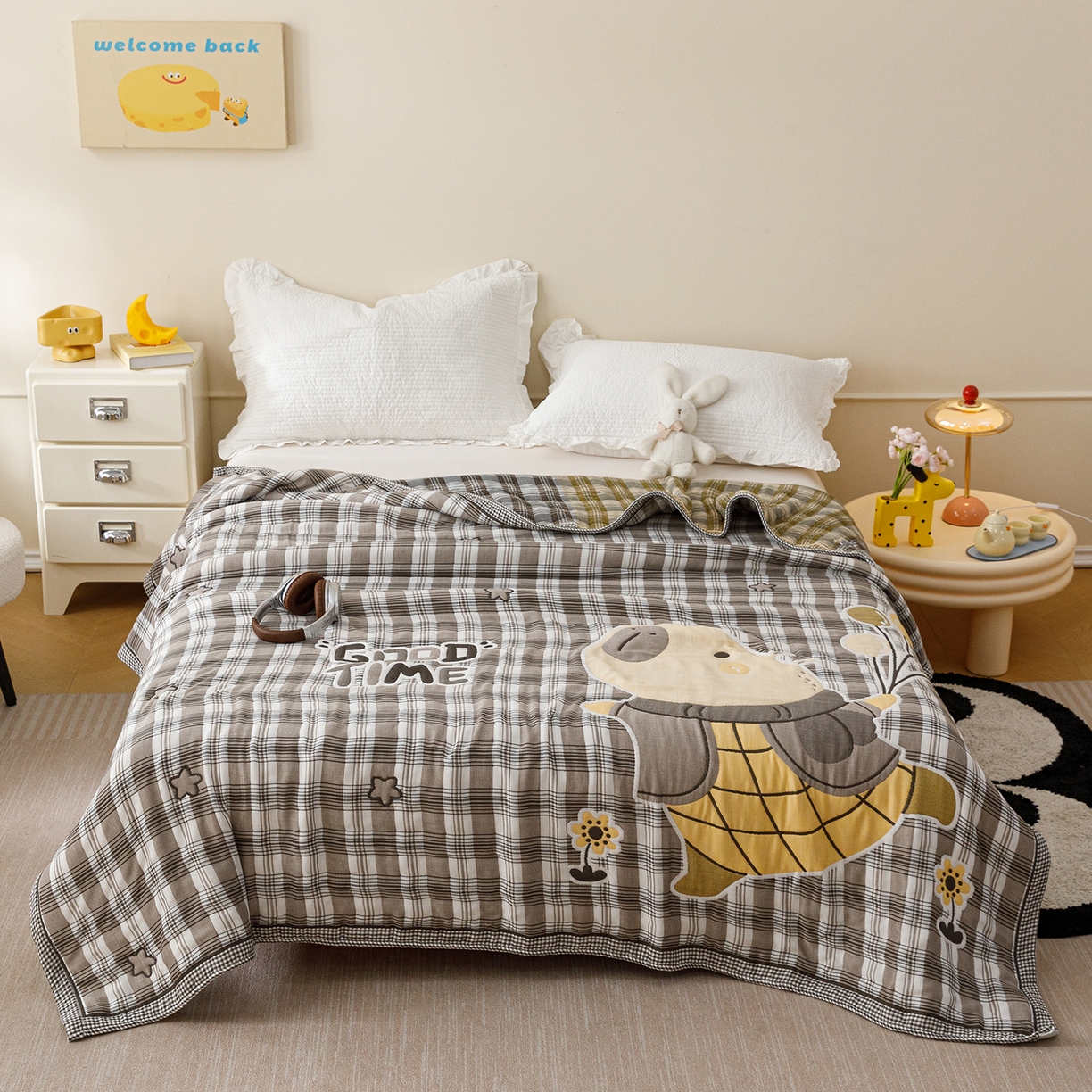 91家纺网 家纺一手货源 找家纺 朴尔家纺-毛巾被 2026新品十层轻肤纯棉云朵棉色织提花纱布泡芙被毛巾被 气球卡皮-灰