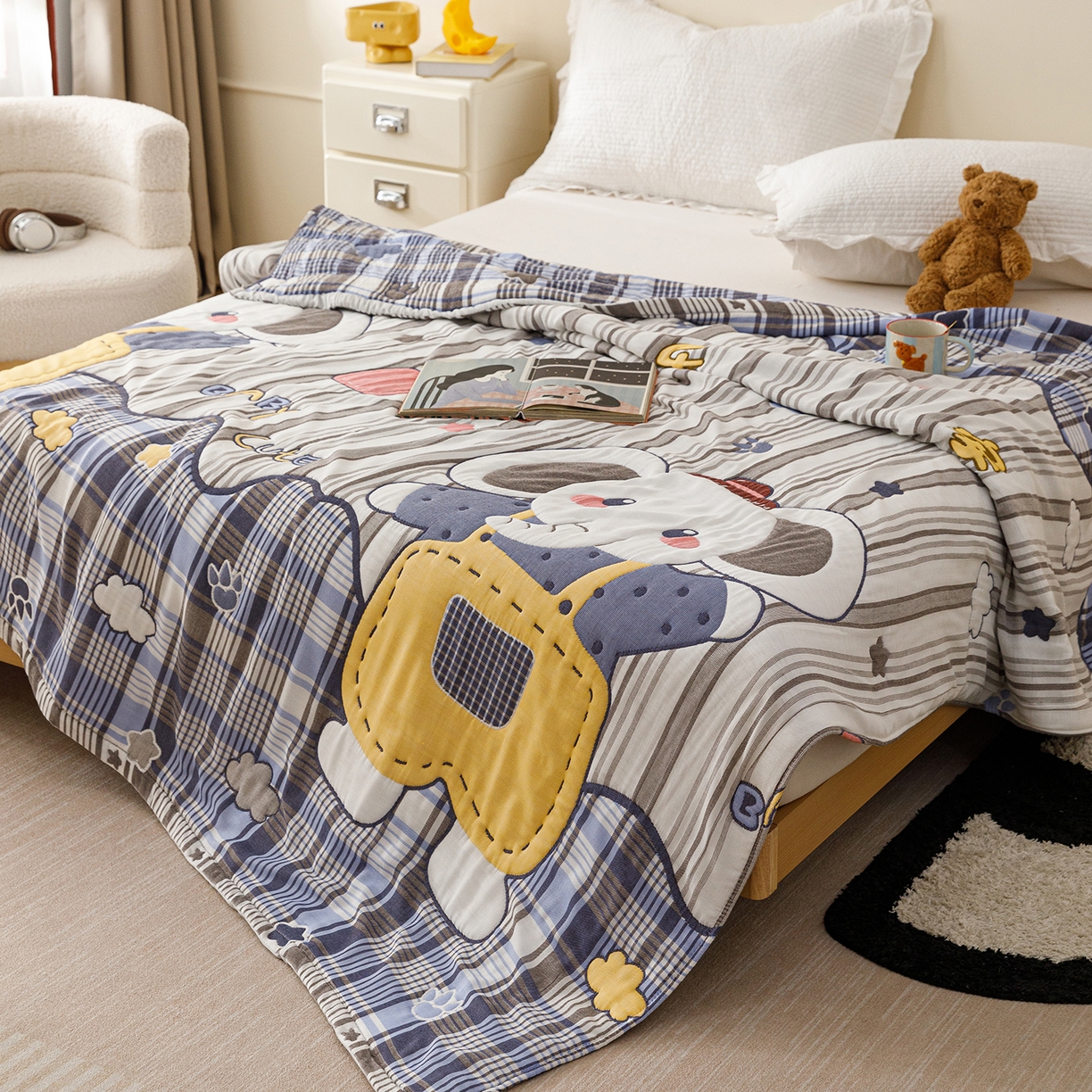 91家纺网 家纺一手货源 找家纺 朴尔家纺-毛巾被 2026新品十层轻肤纯棉云朵棉色织提花纱布泡芙被毛巾被 喜乐象