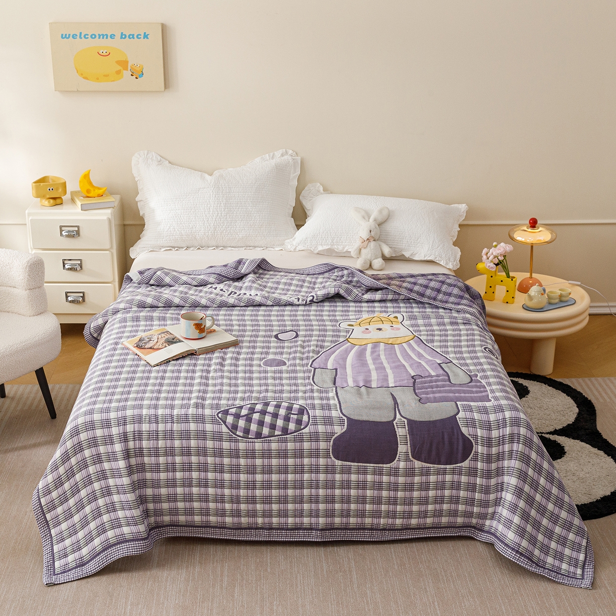 91家纺网 家纺一手货源 找家纺 朴尔家纺-毛巾被 2026新品十层轻肤纯棉云朵棉色织提花纱布泡芙被毛巾被 贝尔熊-紫