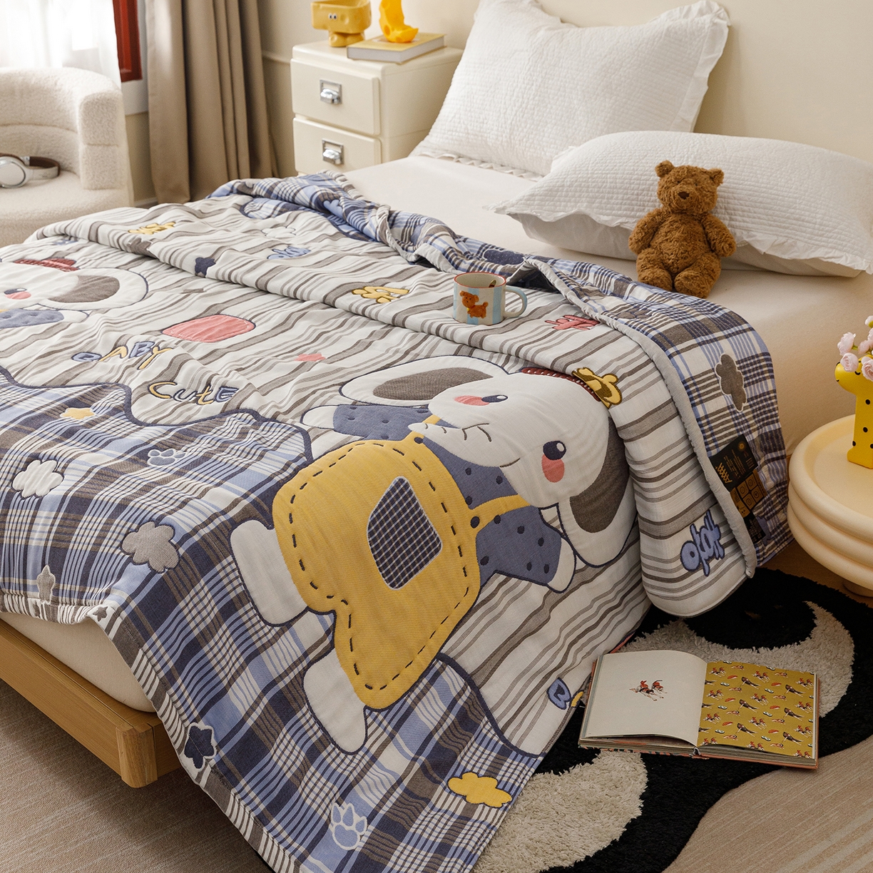 91家纺网 家纺一手货源 找家纺 朴尔家纺-毛巾被 2026新品十层轻肤纯棉云朵棉色织提花纱布泡芙被毛巾被 喜乐象