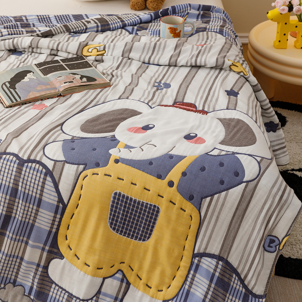 91家纺网 家纺一手货源 找家纺 朴尔家纺-毛巾被 2026新品十层轻肤纯棉云朵棉色织提花纱布泡芙被毛巾被 喜乐象