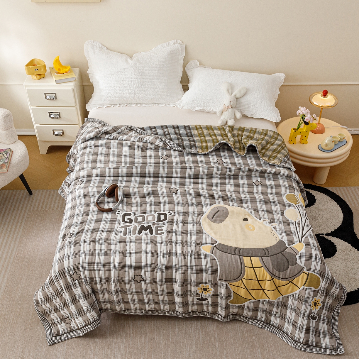 91家纺网 家纺一手货源 找家纺 朴尔家纺-毛巾被 2026新品十层轻肤纯棉云朵棉色织提花纱布泡芙被毛巾被 气球卡皮-灰