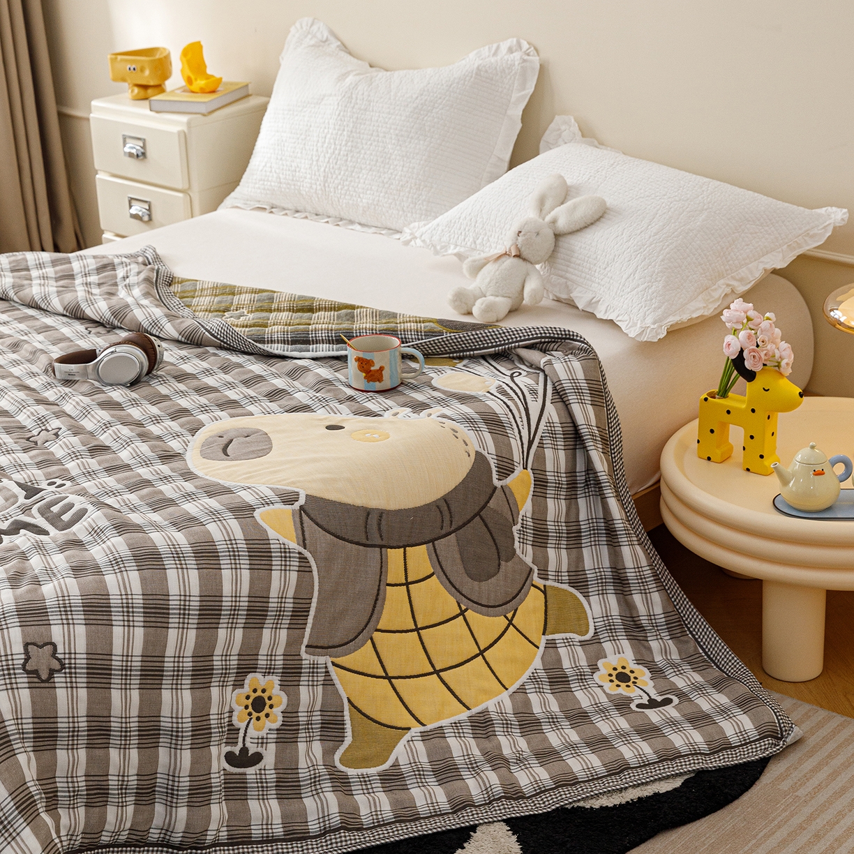 91家纺网 家纺一手货源 找家纺 朴尔家纺-毛巾被 2026新品十层轻肤纯棉云朵棉色织提花纱布泡芙被毛巾被 气球卡皮-灰