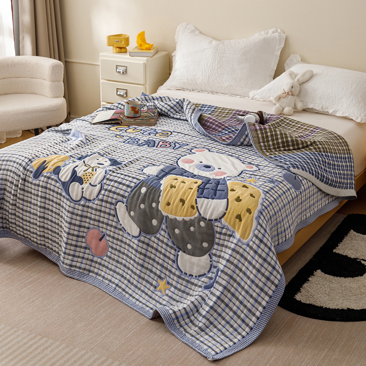 91家纺网 家纺一手货源 找家纺 朴尔家纺-毛巾被 2026新品十层轻肤纯棉云朵棉色织提花纱布泡芙被毛巾被 萌萌宝贝