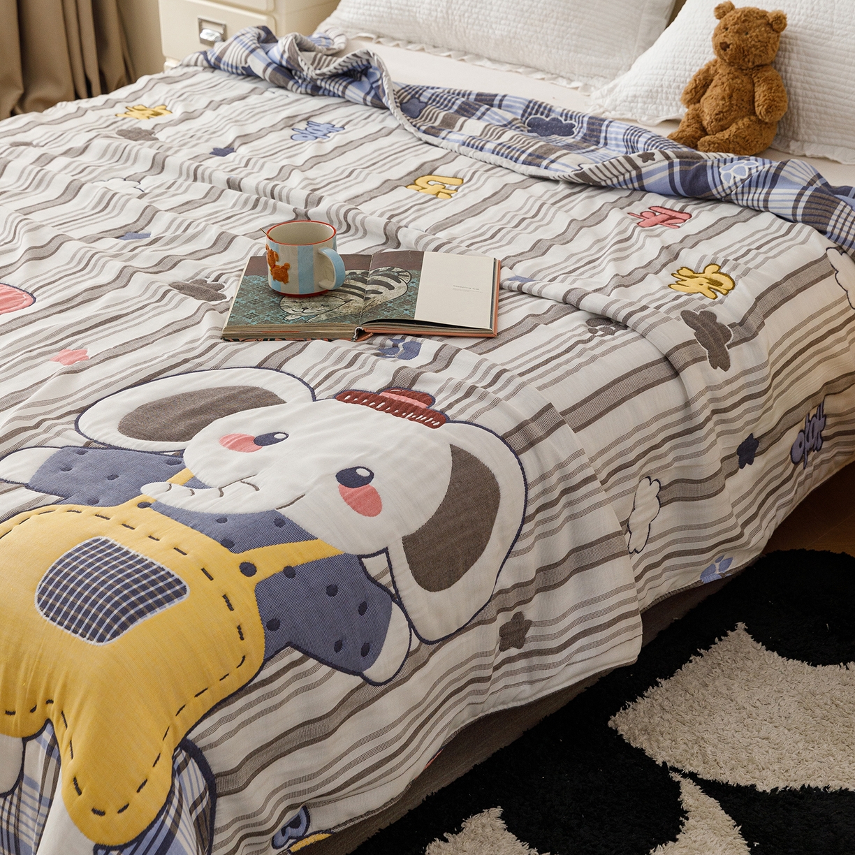 91家纺网 家纺一手货源 找家纺 朴尔家纺-毛巾被 2026新品十层轻肤纯棉云朵棉色织提花纱布泡芙被毛巾被 喜乐象