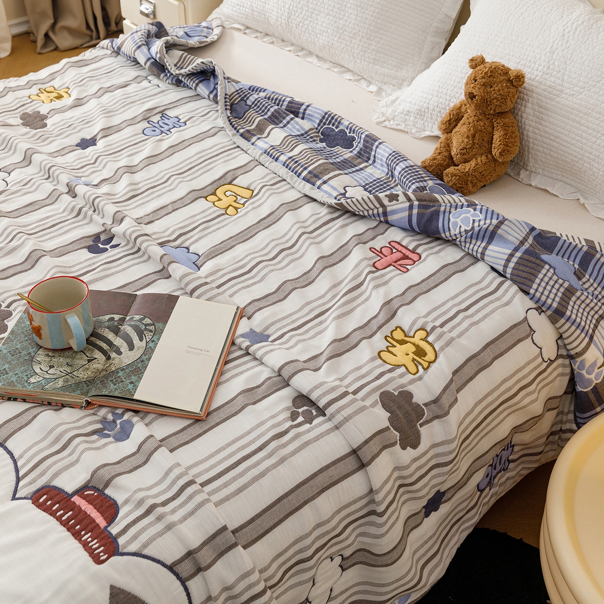 91家纺网 家纺一手货源 找家纺 朴尔家纺-毛巾被 2026新品十层轻肤纯棉云朵棉色织提花纱布泡芙被毛巾被 喜乐象