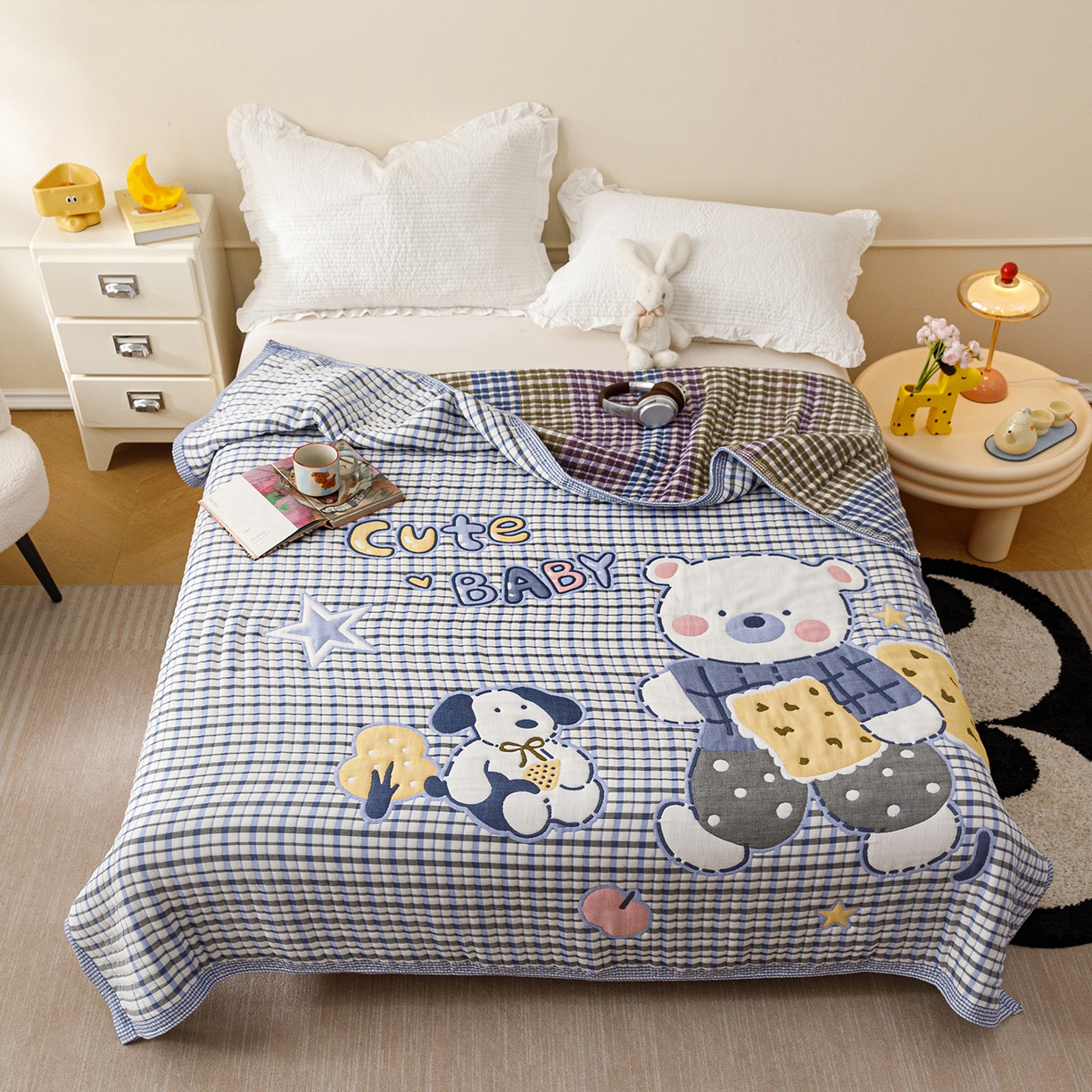 91家纺网 家纺一手货源 找家纺 朴尔家纺-毛巾被 2026新品十层轻肤纯棉云朵棉色织提花纱布泡芙被毛巾被 萌萌宝贝