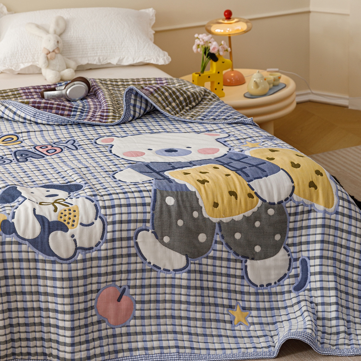 91家纺网 家纺一手货源 找家纺 朴尔家纺-毛巾被 2026新品十层轻肤纯棉云朵棉色织提花纱布泡芙被毛巾被 萌萌宝贝