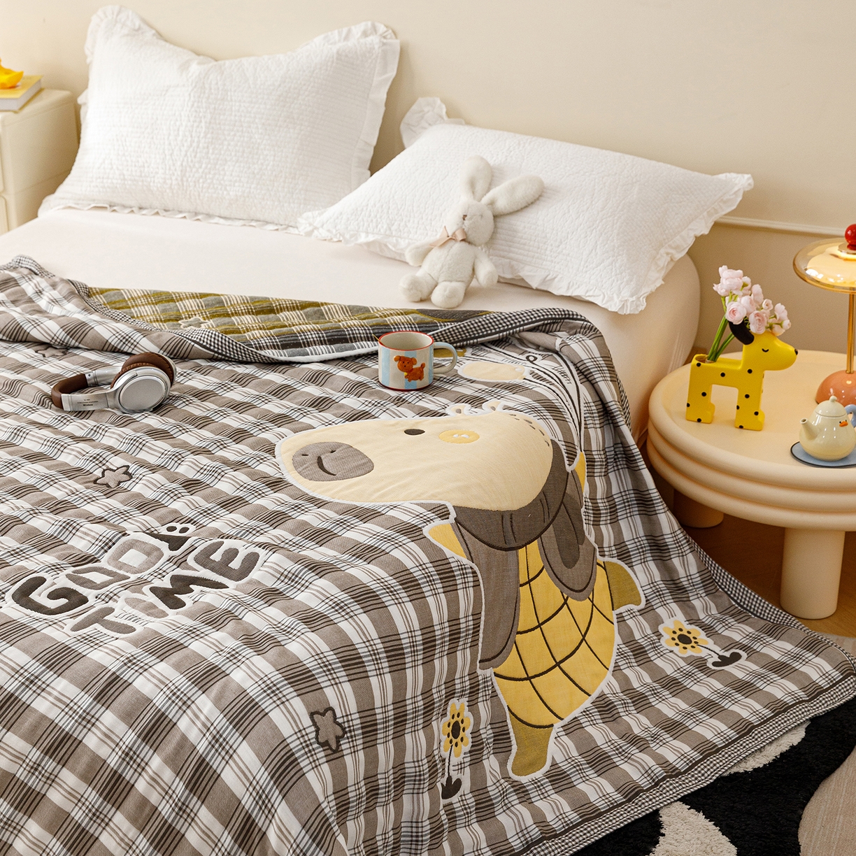 91家纺网 家纺一手货源 找家纺 朴尔家纺-毛巾被 2026新品十层轻肤纯棉云朵棉色织提花纱布泡芙被毛巾被 气球卡皮-灰