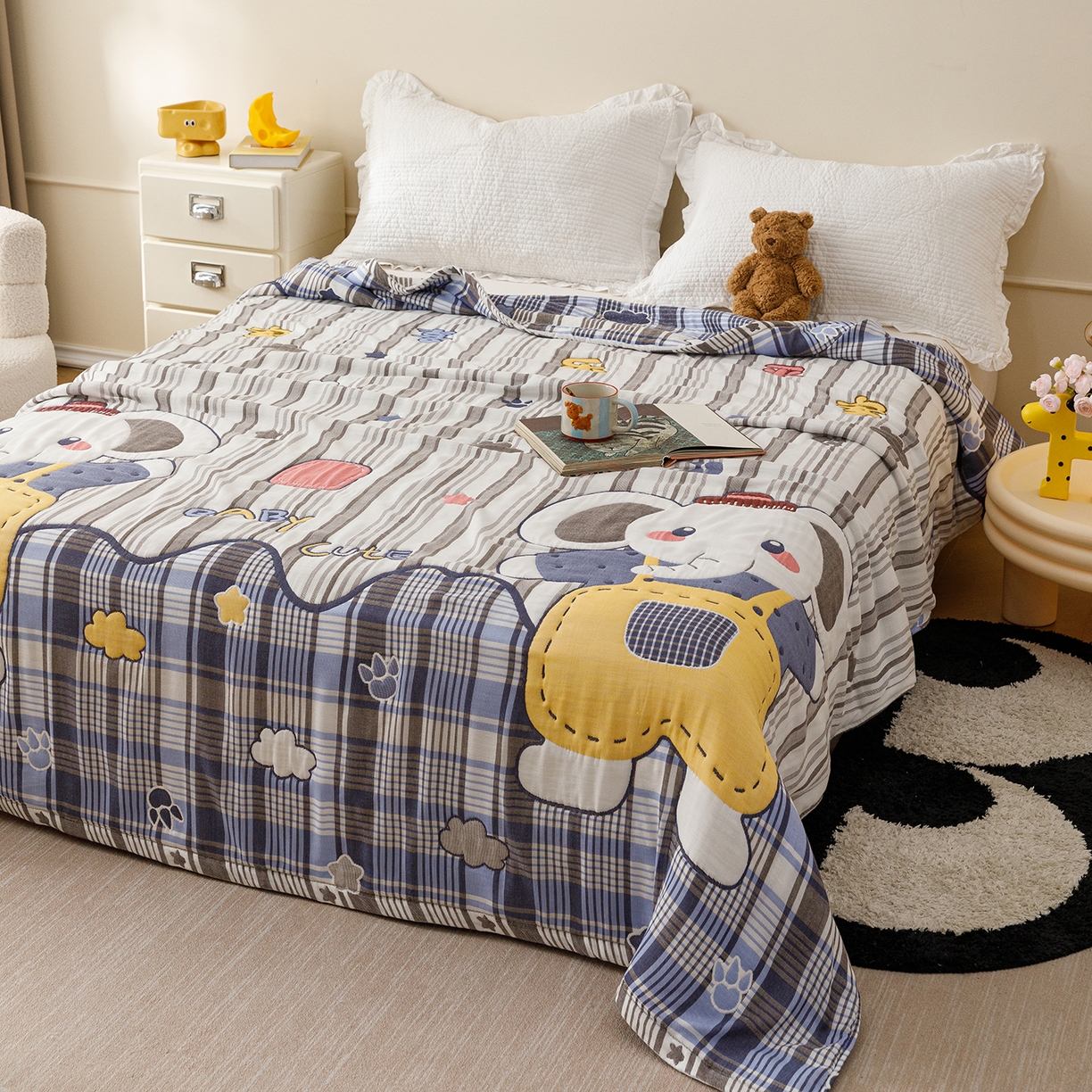 91家纺网 家纺一手货源 找家纺 朴尔家纺-毛巾被 2026新品十层轻肤纯棉云朵棉色织提花纱布泡芙被毛巾被 喜乐象