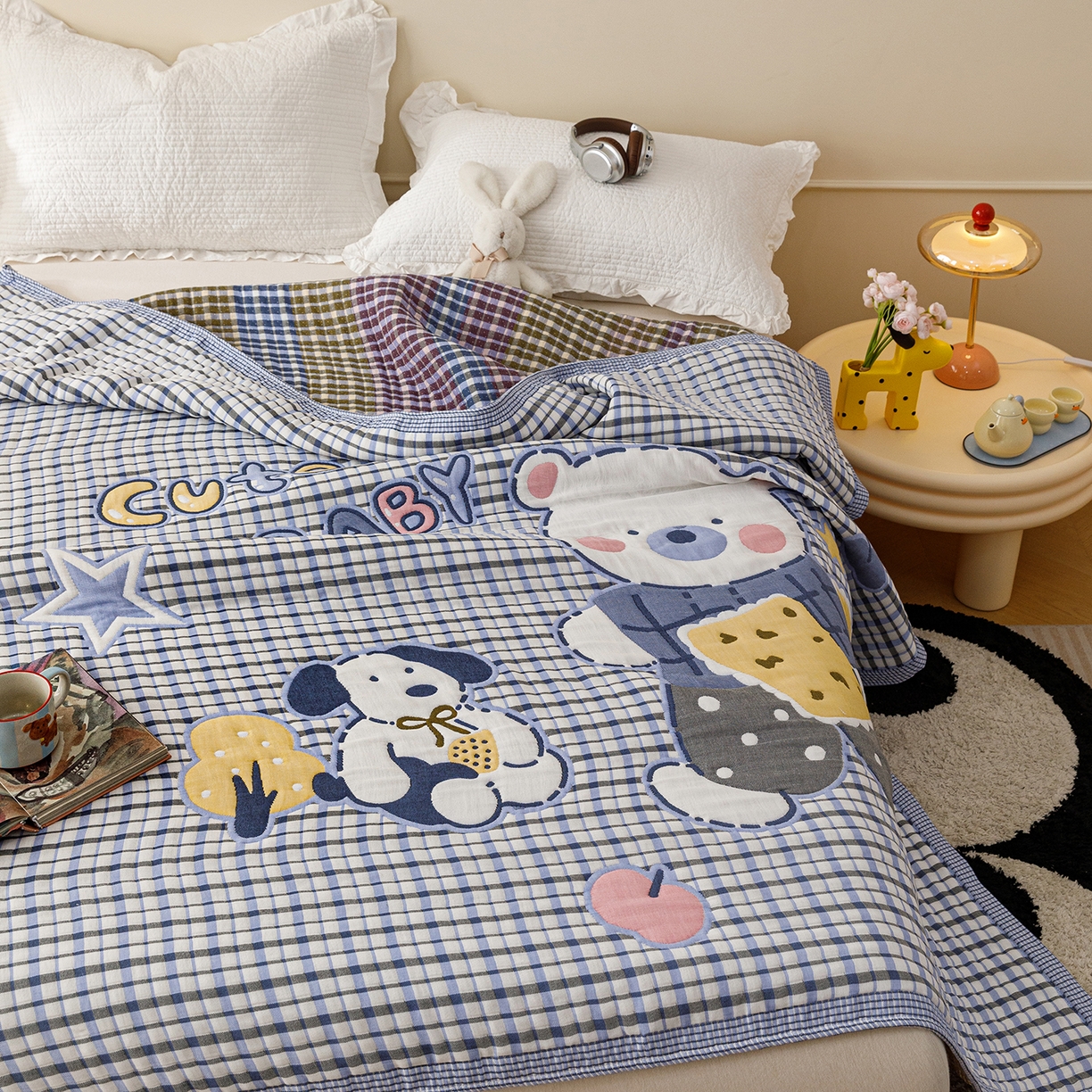 91家纺网 家纺一手货源 找家纺 朴尔家纺-毛巾被 2026新品十层轻肤纯棉云朵棉色织提花纱布泡芙被毛巾被 萌萌宝贝