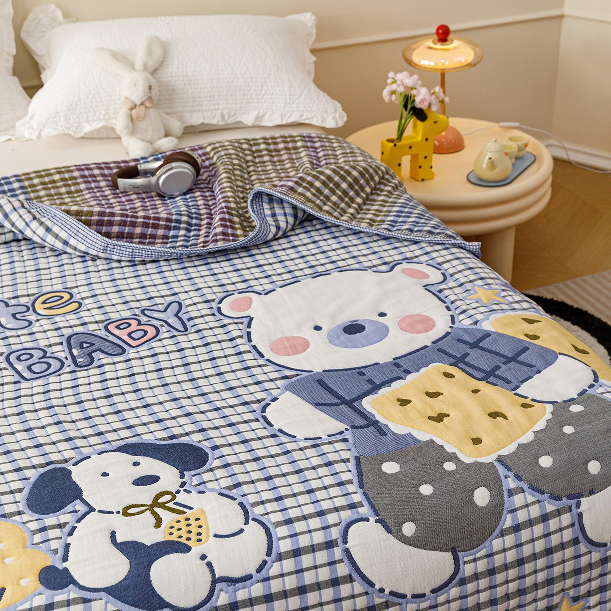 91家纺网 家纺一手货源 找家纺 朴尔家纺-毛巾被 2026新品十层轻肤纯棉云朵棉色织提花纱布泡芙被毛巾被 萌萌宝贝