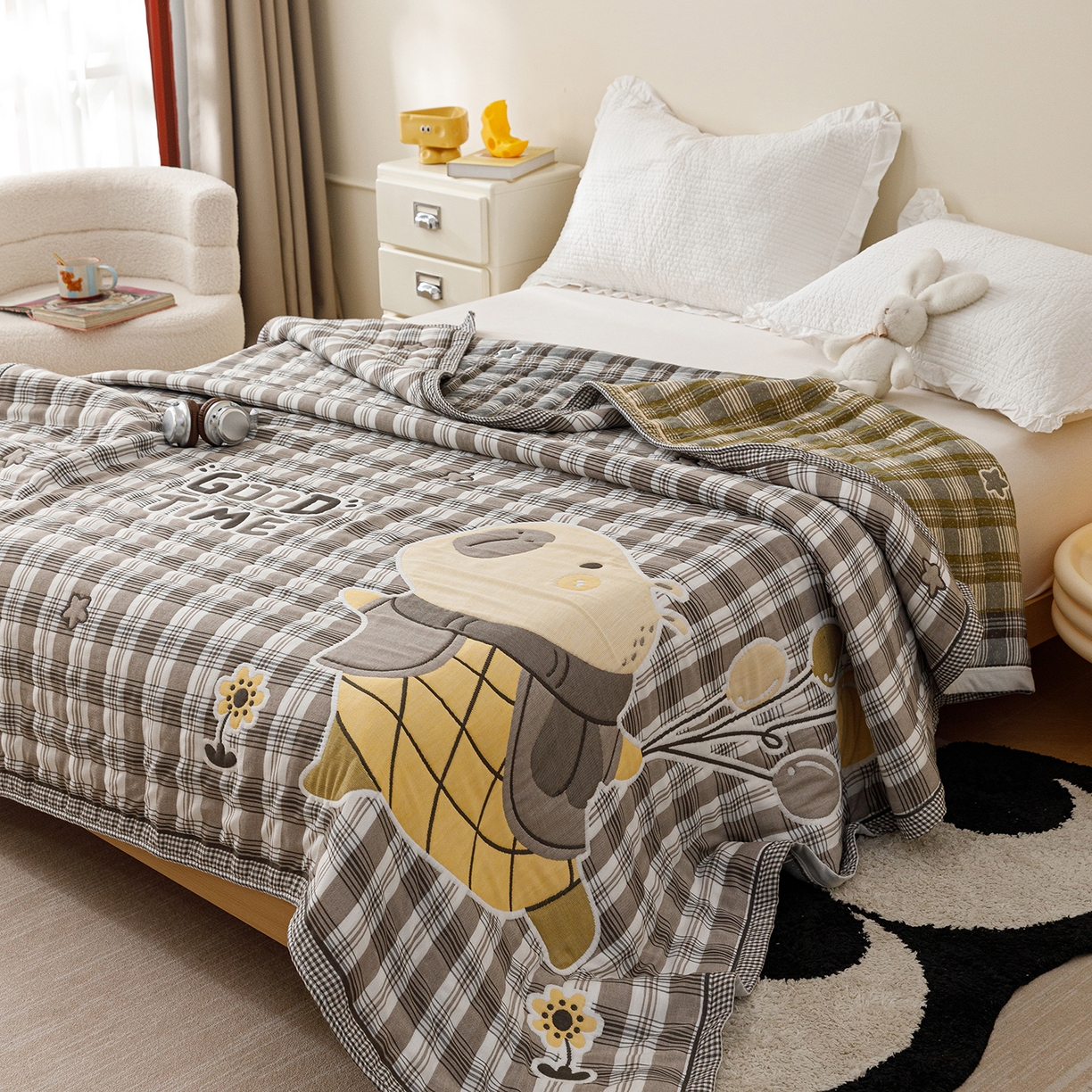 91家纺网 家纺一手货源 找家纺 朴尔家纺-毛巾被 2026新品十层轻肤纯棉云朵棉色织提花纱布泡芙被毛巾被 气球卡皮-灰