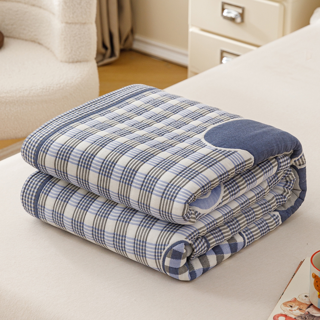 朴尔家纺-毛巾被 2026新品十层轻肤纯棉云朵棉色织提花纱布泡芙被毛巾被 贝尔熊-蓝