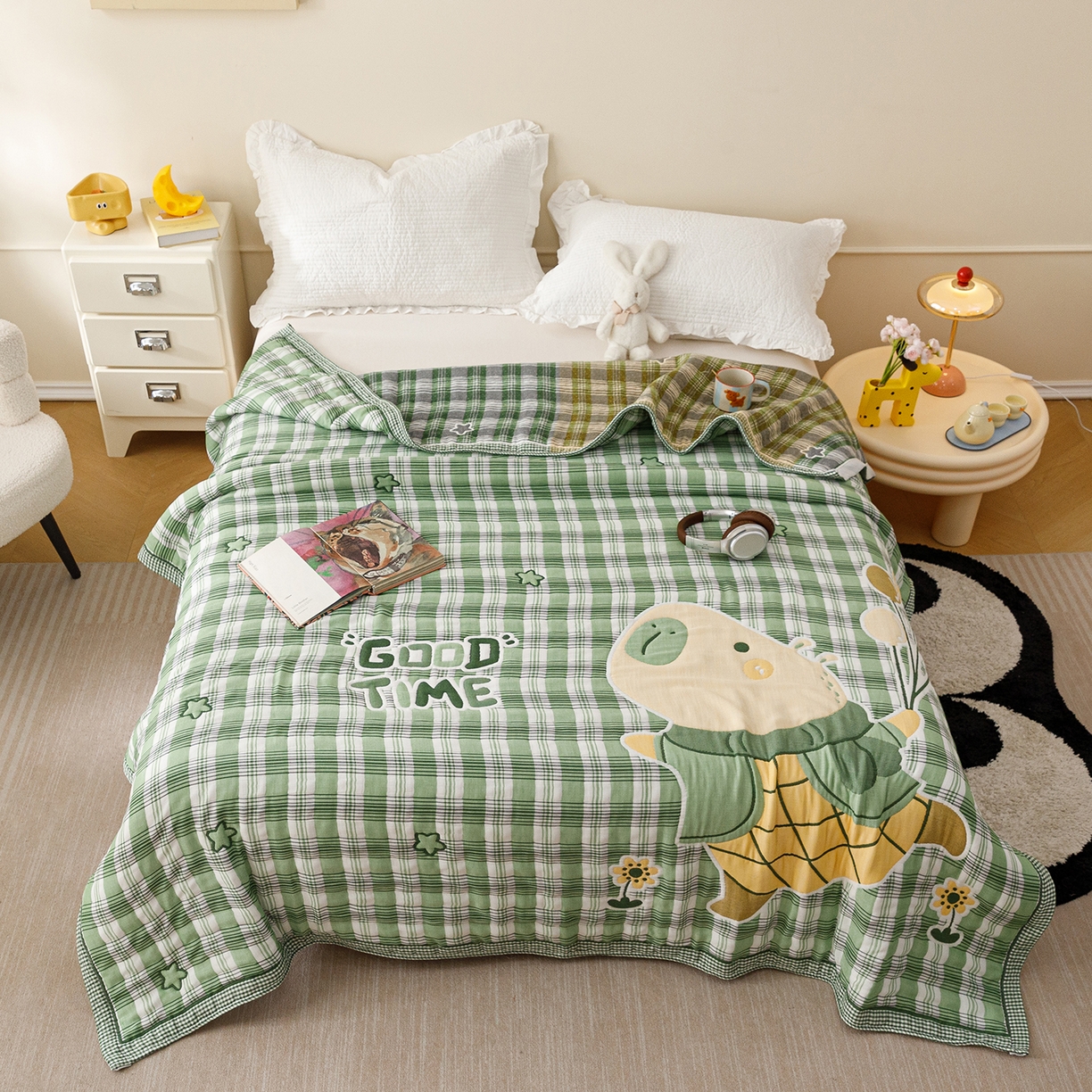 91家纺网 家纺一手货源 找家纺 朴尔家纺-毛巾被 2026新品十层轻肤纯棉云朵棉色织提花纱布泡芙被毛巾被 气球卡皮-绿