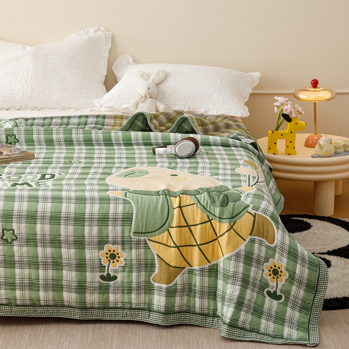 91家纺网 家纺一手货源 找家纺 朴尔家纺-毛巾被 2026新品十层轻肤纯棉云朵棉色织提花纱布泡芙被毛巾被 气球卡皮-绿