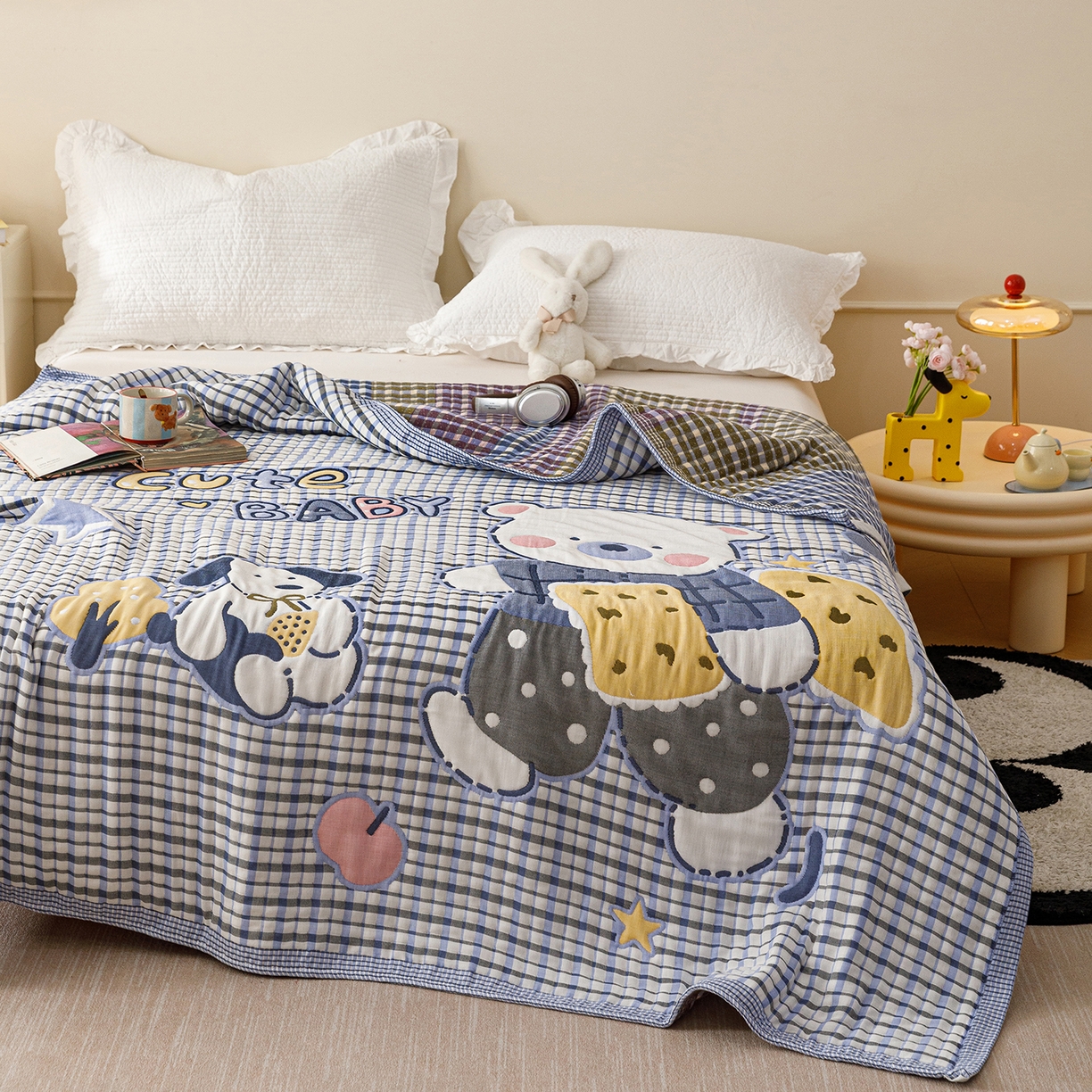 91家纺网 家纺一手货源 找家纺 朴尔家纺-毛巾被 2026新品十层轻肤纯棉云朵棉色织提花纱布泡芙被毛巾被 萌萌宝贝