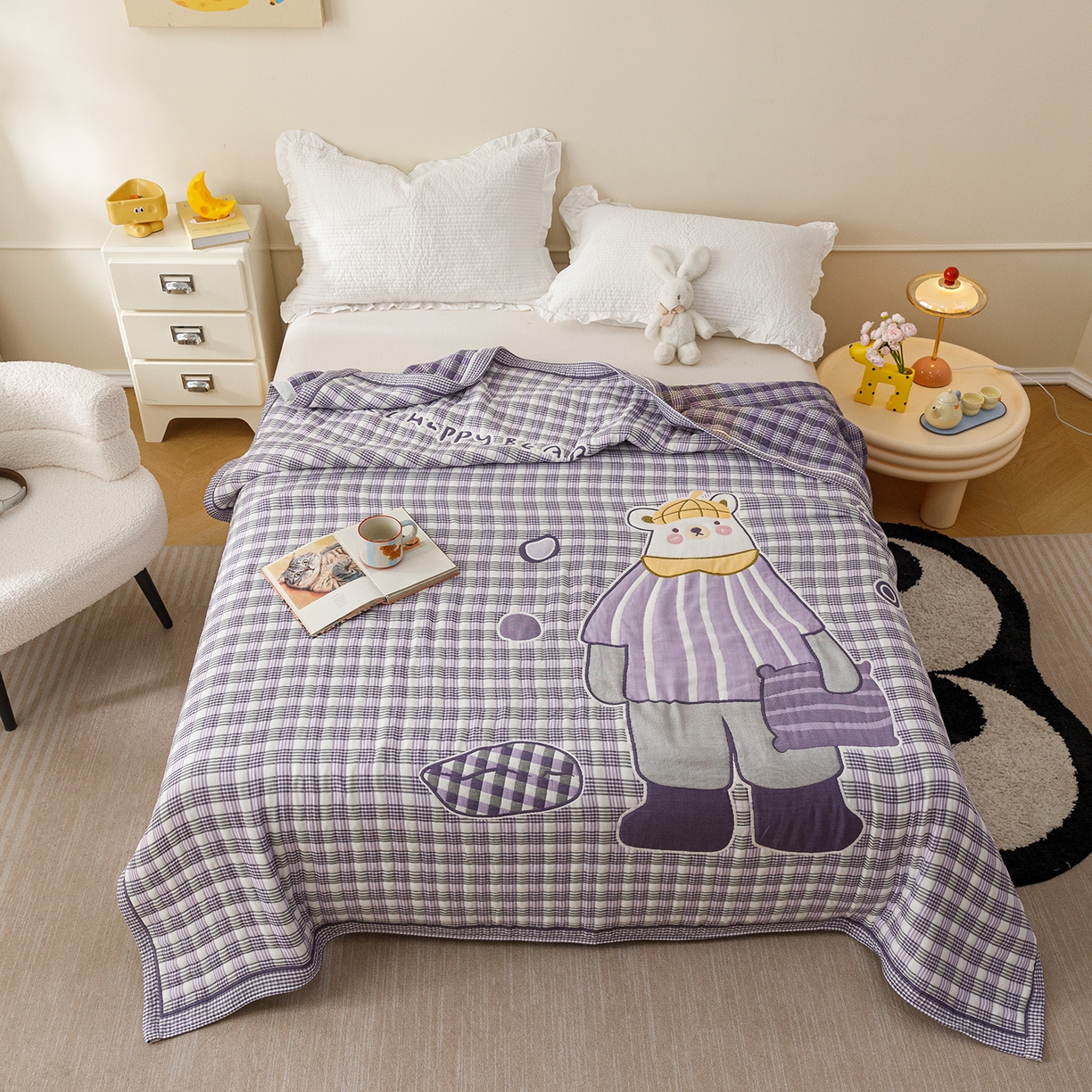 91家纺网 家纺一手货源 找家纺 朴尔家纺-毛巾被 2026新品十层轻肤纯棉云朵棉色织提花纱布泡芙被毛巾被 贝尔熊-紫