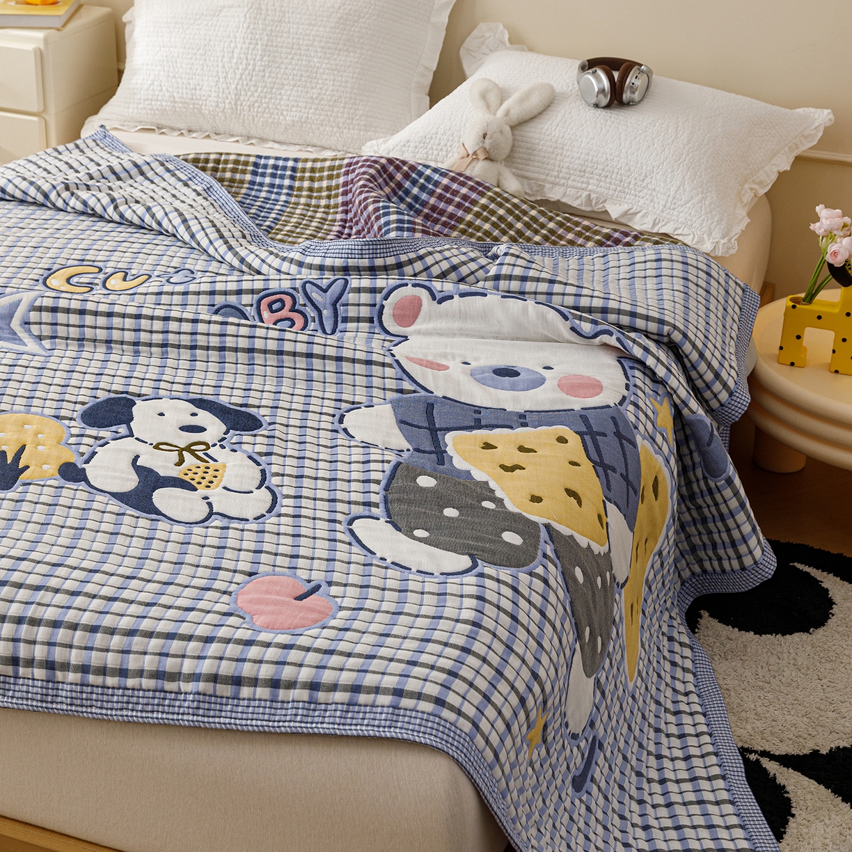 91家纺网 家纺一手货源 找家纺 朴尔家纺-毛巾被 2026新品十层轻肤纯棉云朵棉色织提花纱布泡芙被毛巾被 萌萌宝贝