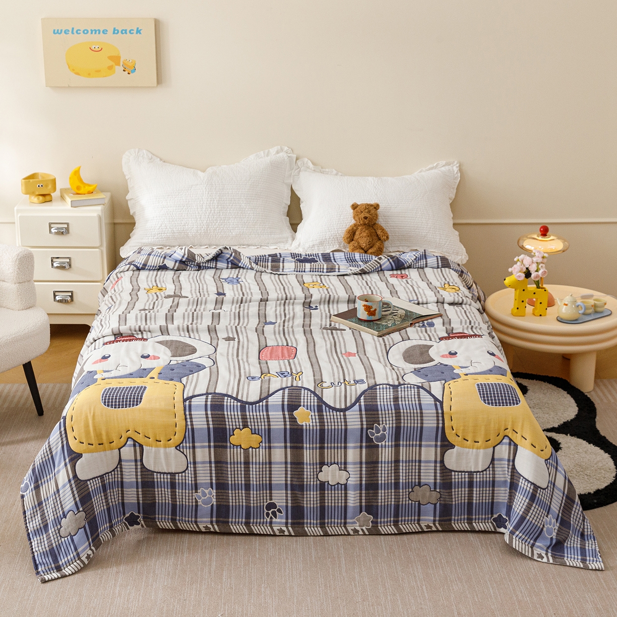 91家纺网 家纺一手货源 找家纺 朴尔家纺-毛巾被 2026新品十层轻肤纯棉云朵棉色织提花纱布泡芙被毛巾被 喜乐象