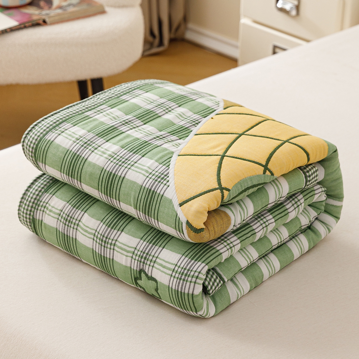 朴尔家纺-毛巾被 2026新品十层轻肤纯棉云朵棉色织提花纱布泡芙被毛巾被 气球卡皮-绿