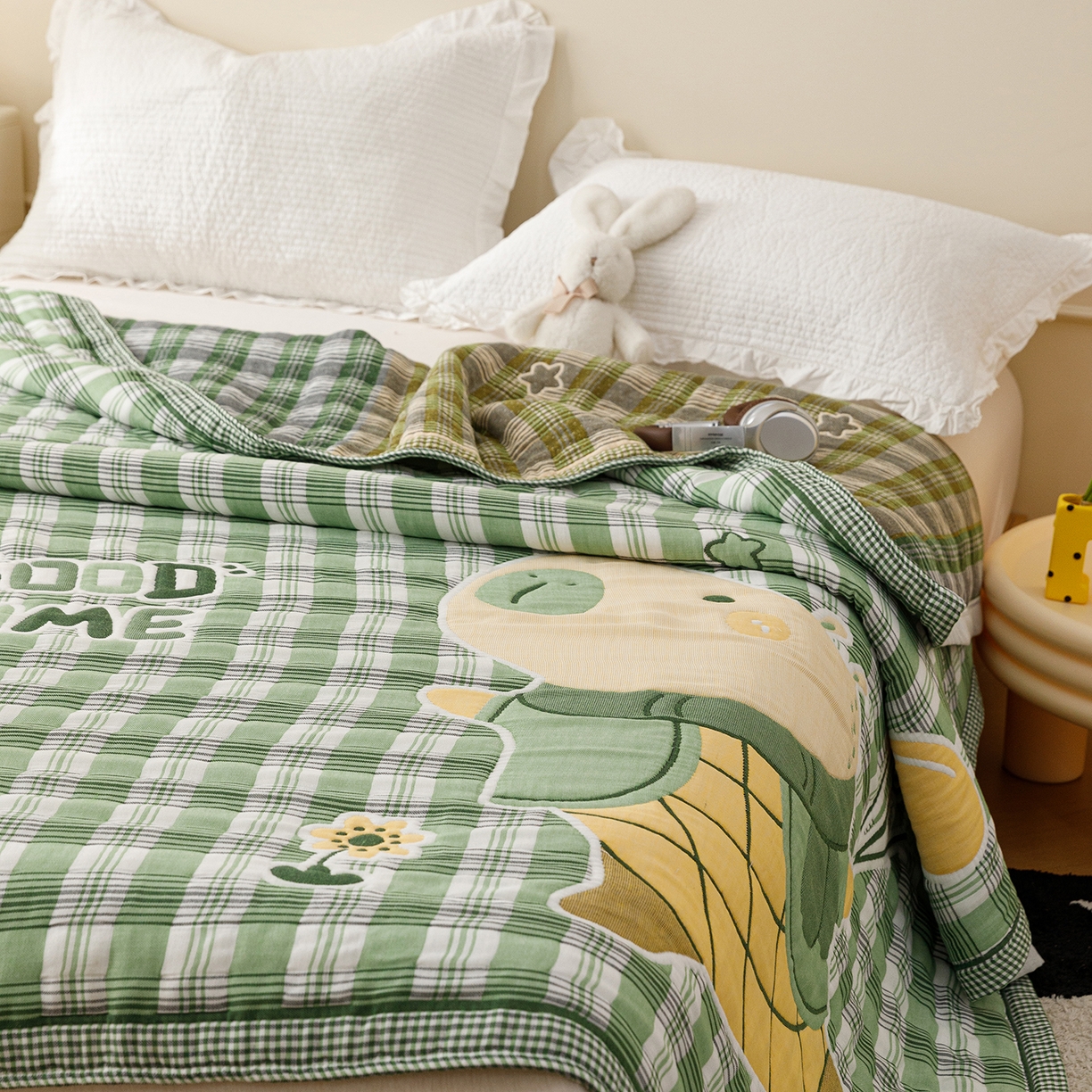 91家纺网 家纺一手货源 找家纺 朴尔家纺-毛巾被 2026新品十层轻肤纯棉云朵棉色织提花纱布泡芙被毛巾被 气球卡皮-绿