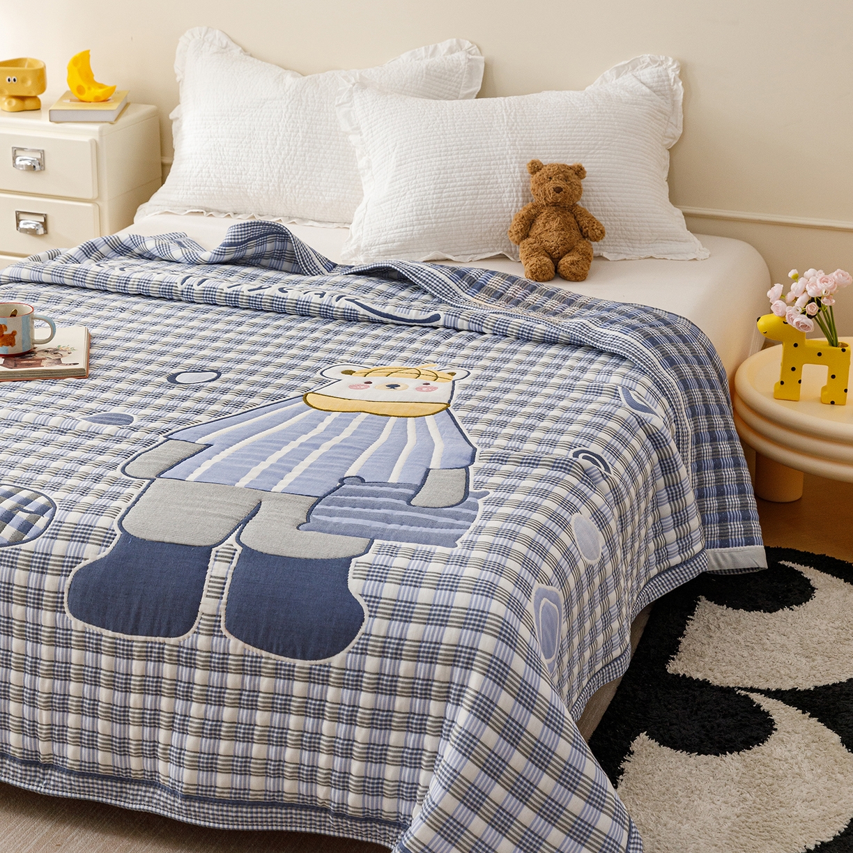 91家纺网 家纺一手货源 找家纺 朴尔家纺-毛巾被 2026新品十层轻肤纯棉云朵棉色织提花纱布泡芙被毛巾被 贝尔熊-蓝