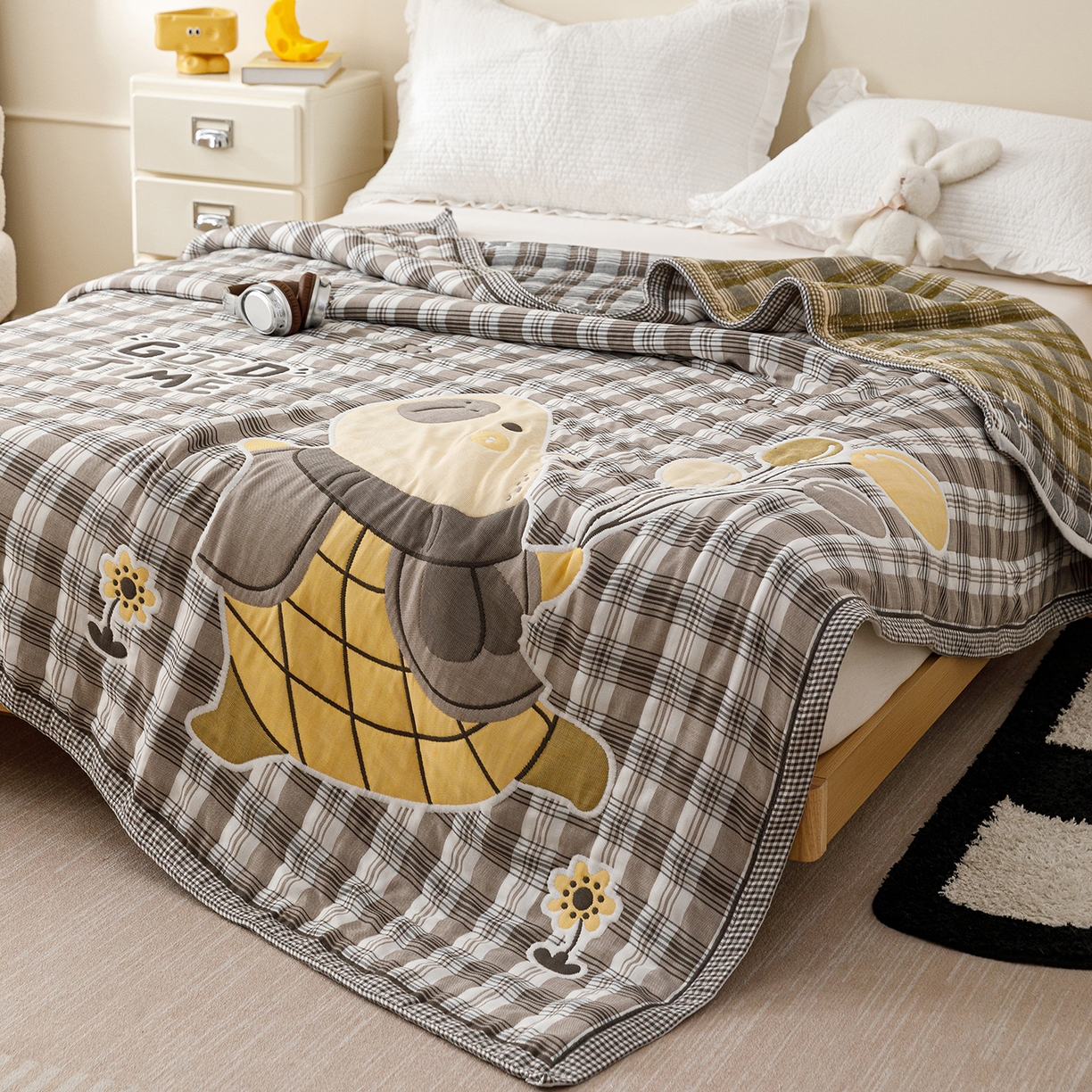 91家纺网 家纺一手货源 找家纺 朴尔家纺-毛巾被 2026新品十层轻肤纯棉云朵棉色织提花纱布泡芙被毛巾被 气球卡皮-灰