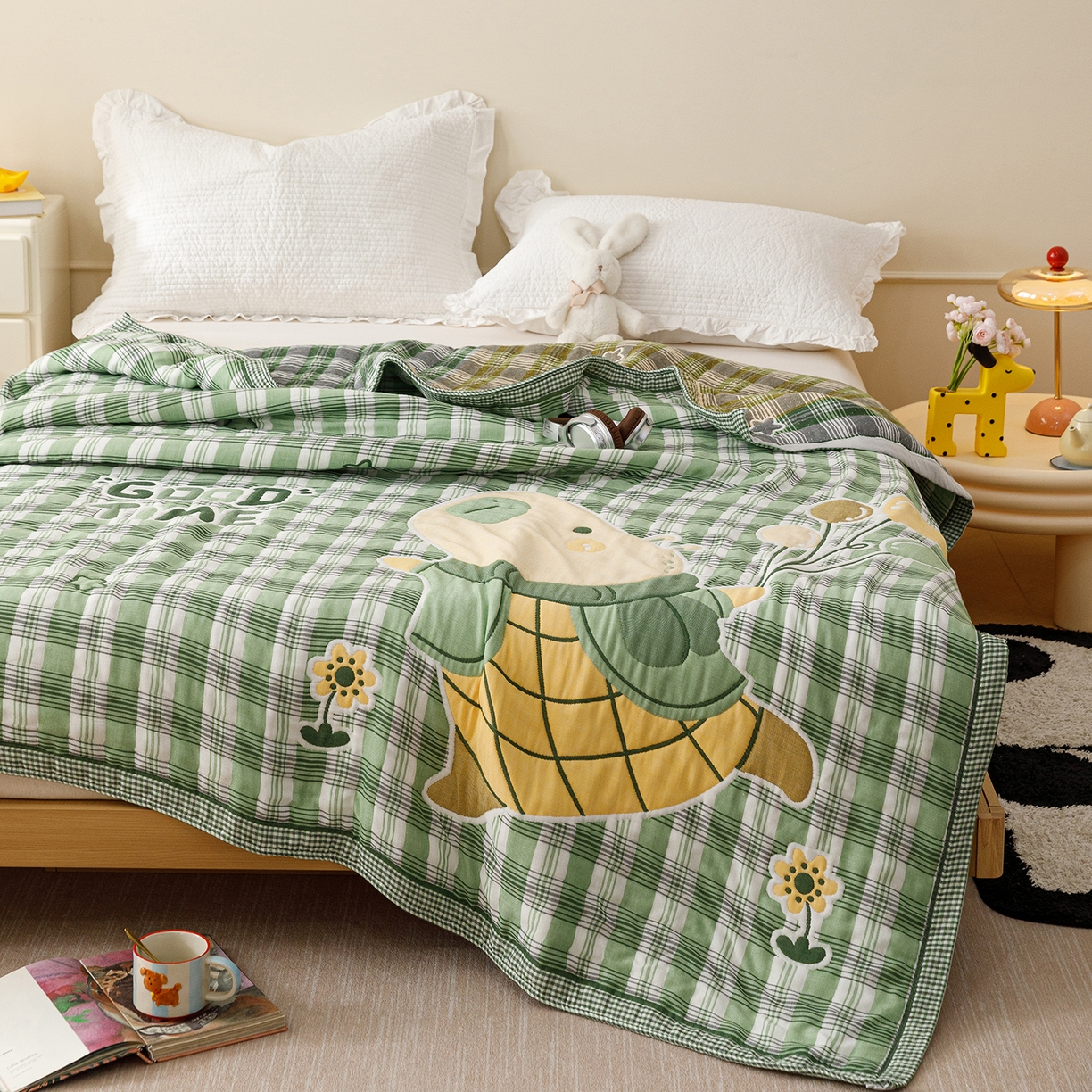 91家纺网 家纺一手货源 找家纺 朴尔家纺-毛巾被 2026新品十层轻肤纯棉云朵棉色织提花纱布泡芙被毛巾被 气球卡皮-绿