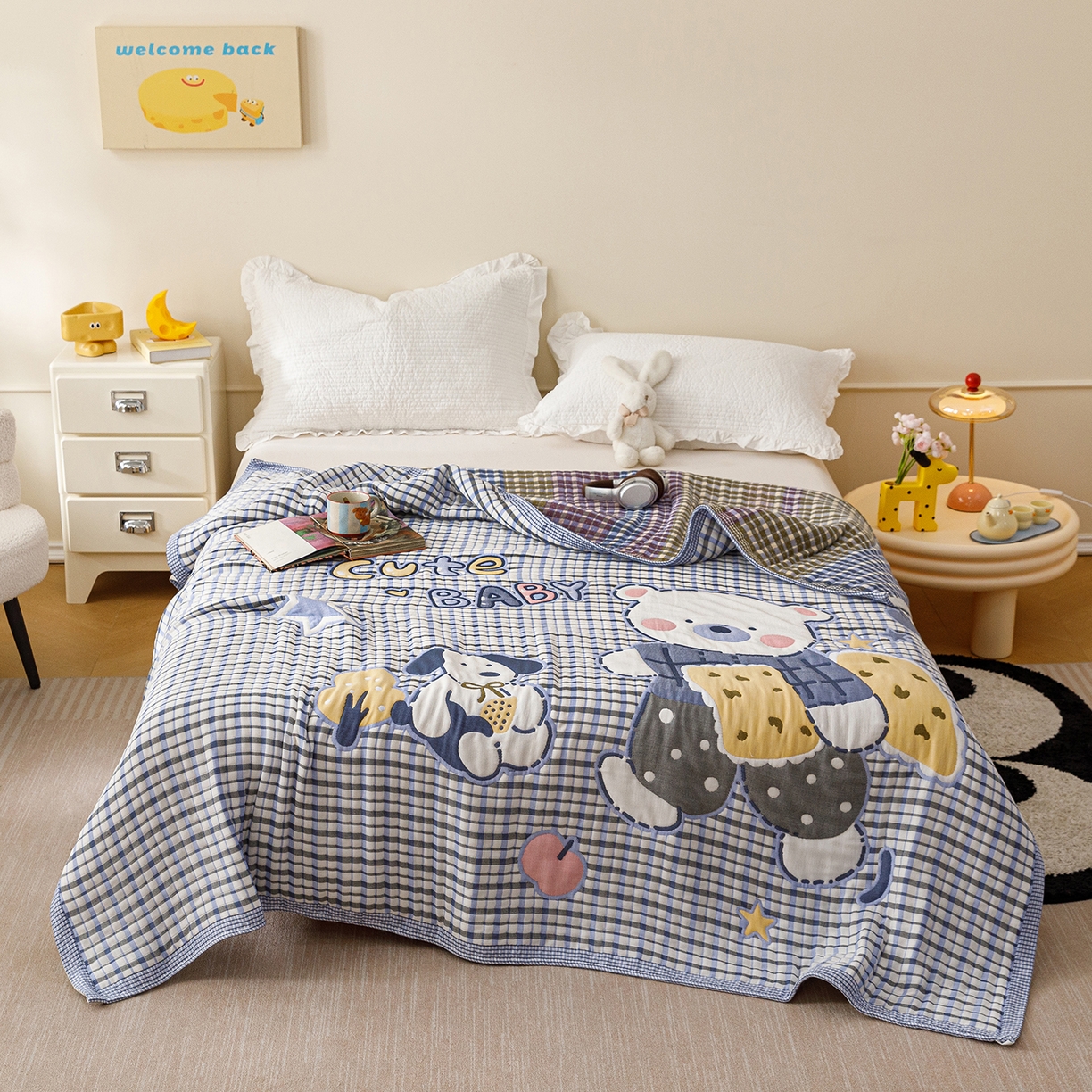 91家纺网 家纺一手货源 找家纺 朴尔家纺-毛巾被 2026新品十层轻肤纯棉云朵棉色织提花纱布泡芙被毛巾被 萌萌宝贝