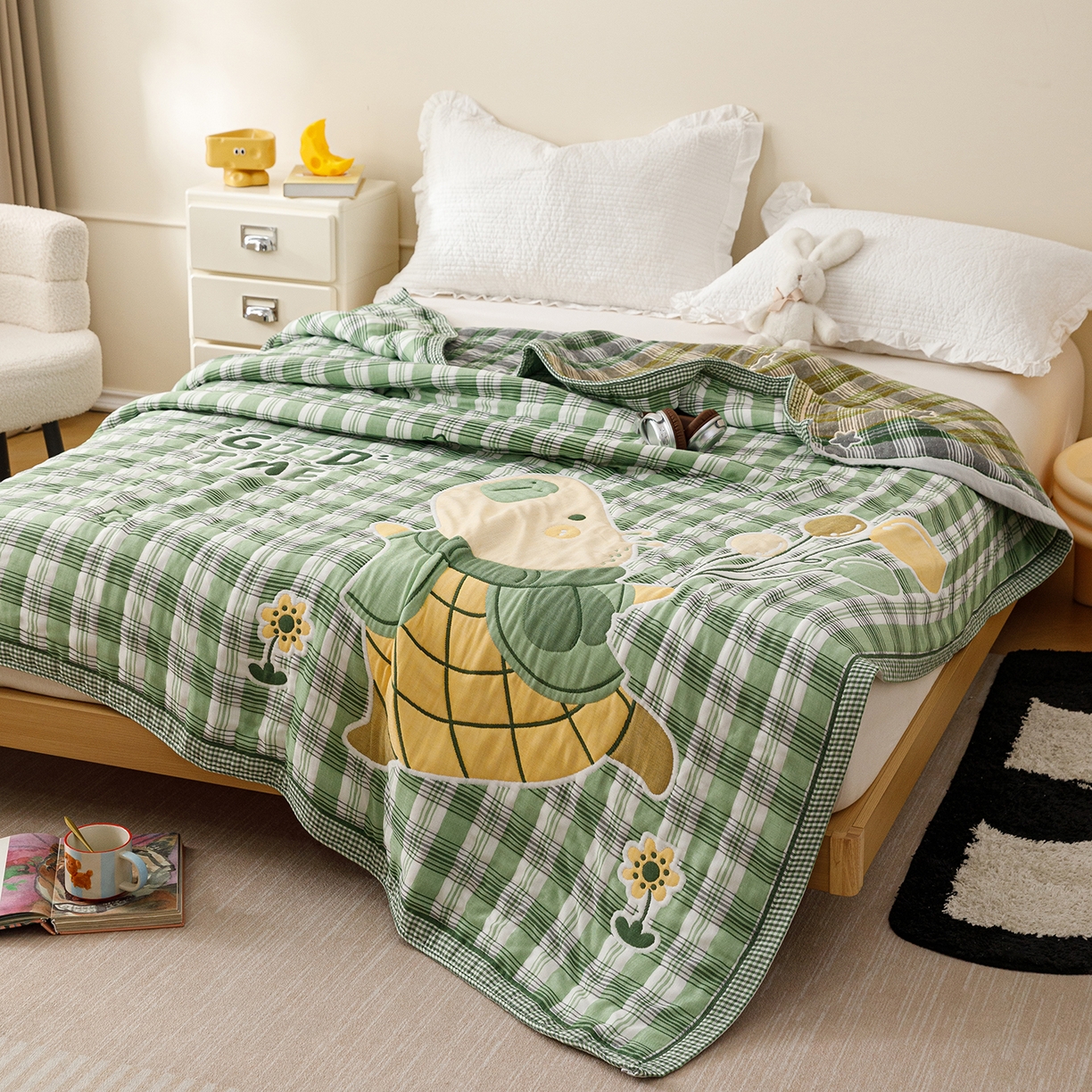 91家纺网 家纺一手货源 找家纺 朴尔家纺-毛巾被 2026新品十层轻肤纯棉云朵棉色织提花纱布泡芙被毛巾被 气球卡皮-绿