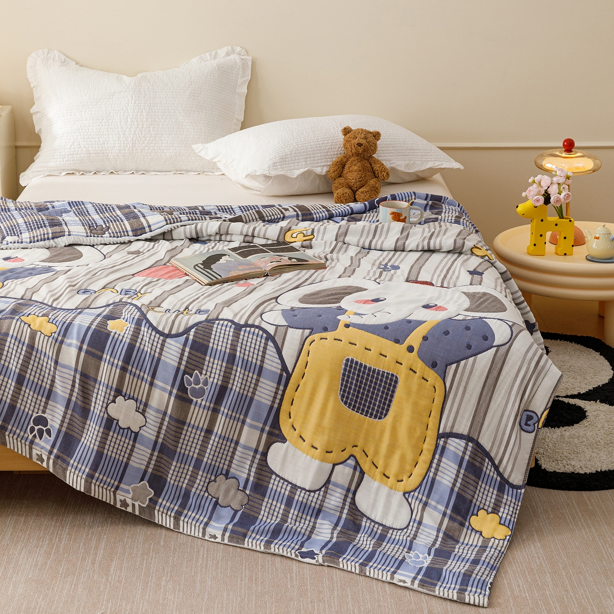 91家纺网 家纺一手货源 找家纺 朴尔家纺-毛巾被 2026新品十层轻肤纯棉云朵棉色织提花纱布泡芙被毛巾被 喜乐象