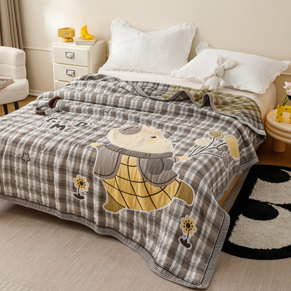 91家纺网 家纺一手货源 找家纺 朴尔家纺-毛巾被 2026新品十层轻肤纯棉云朵棉色织提花纱布泡芙被毛巾被 气球卡皮-灰