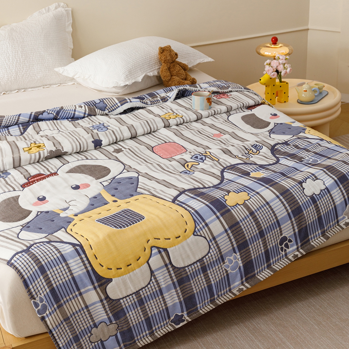 91家纺网 家纺一手货源 找家纺 朴尔家纺-毛巾被 2026新品十层轻肤纯棉云朵棉色织提花纱布泡芙被毛巾被 喜乐象