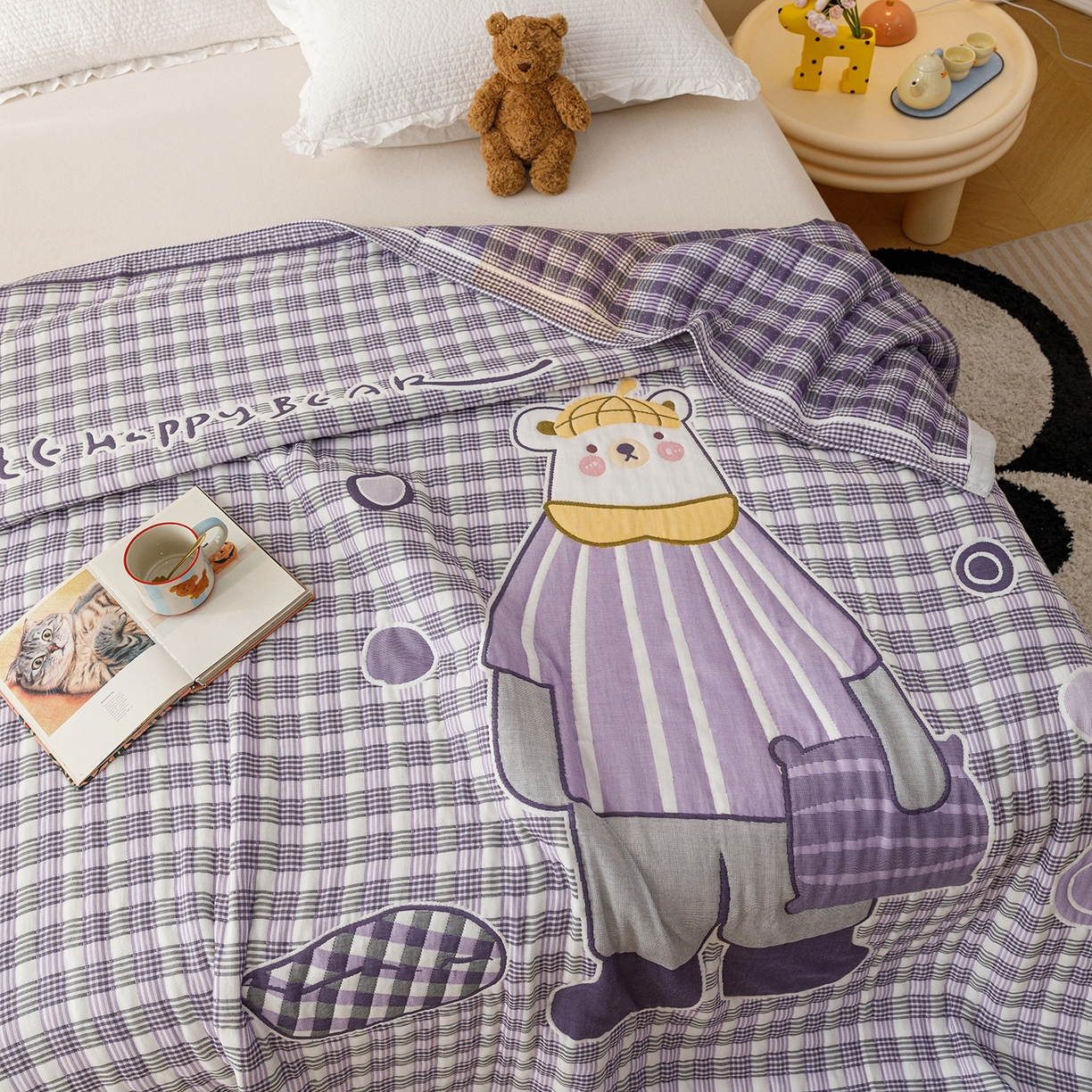 91家纺网 家纺一手货源 找家纺 朴尔家纺-毛巾被 2026新品十层轻肤纯棉云朵棉色织提花纱布泡芙被毛巾被 贝尔熊-紫