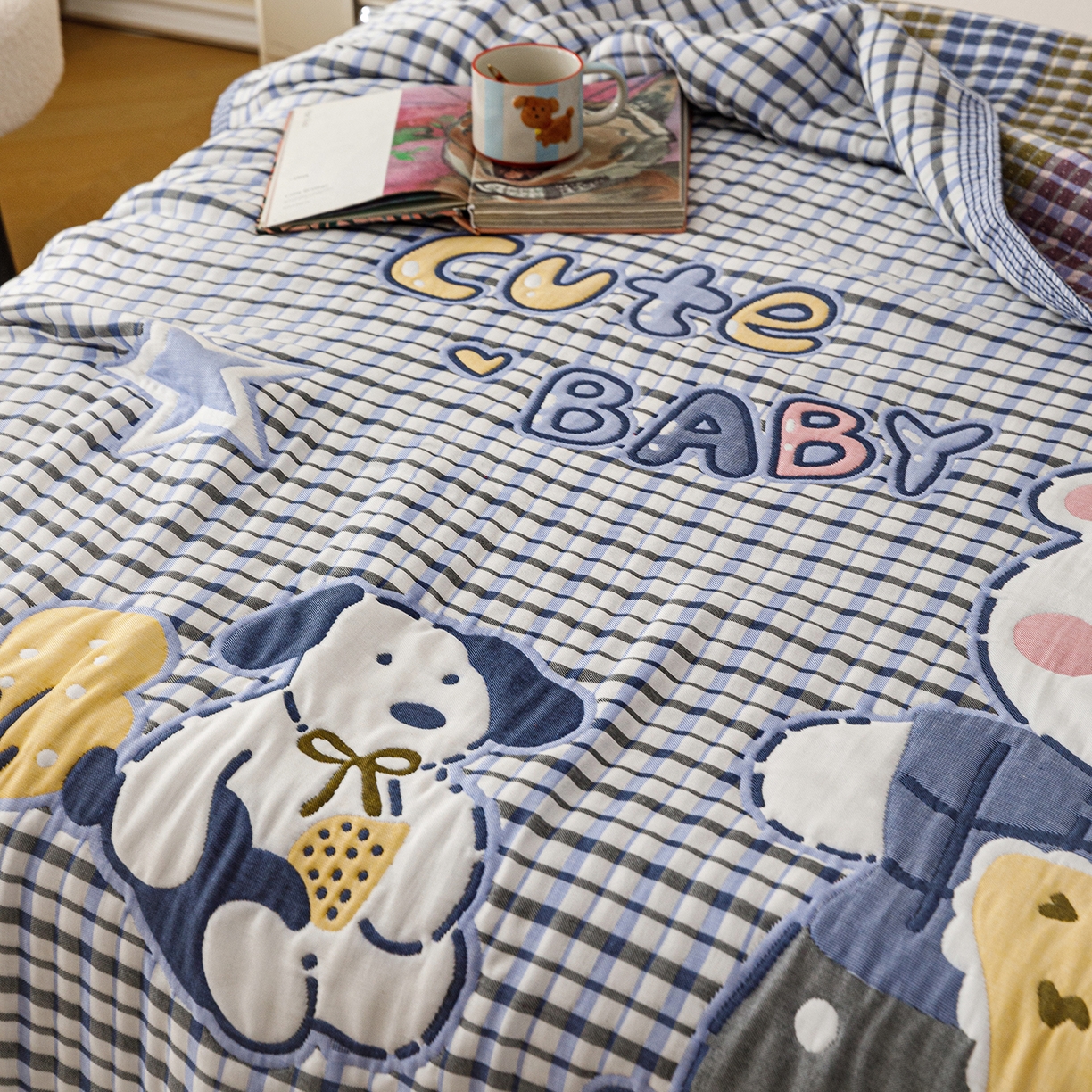 91家纺网 家纺一手货源 找家纺 朴尔家纺-毛巾被 2026新品十层轻肤纯棉云朵棉色织提花纱布泡芙被毛巾被 萌萌宝贝