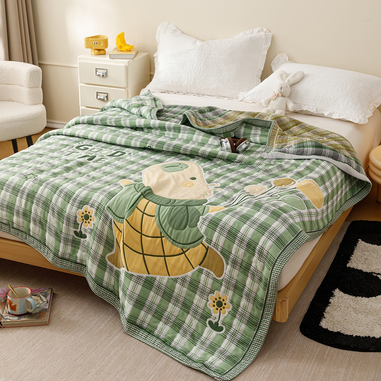 91家纺网 家纺一手货源 找家纺 朴尔家纺-毛巾被 2026新品十层轻肤纯棉云朵棉色织提花纱布泡芙被毛巾被 气球卡皮-绿