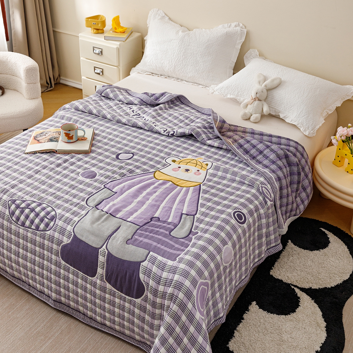 91家纺网 家纺一手货源 找家纺 朴尔家纺-毛巾被 2026新品十层轻肤纯棉云朵棉色织提花纱布泡芙被毛巾被 贝尔熊-紫