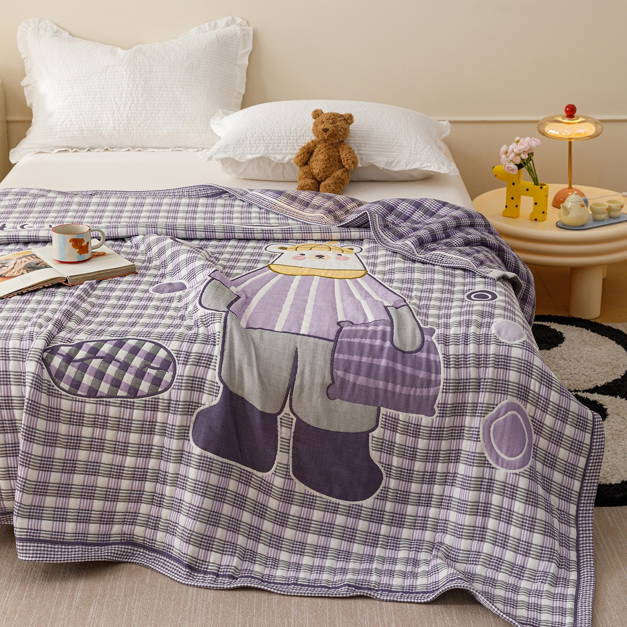 91家纺网 家纺一手货源 找家纺 朴尔家纺-毛巾被 2026新品十层轻肤纯棉云朵棉色织提花纱布泡芙被毛巾被 贝尔熊-紫