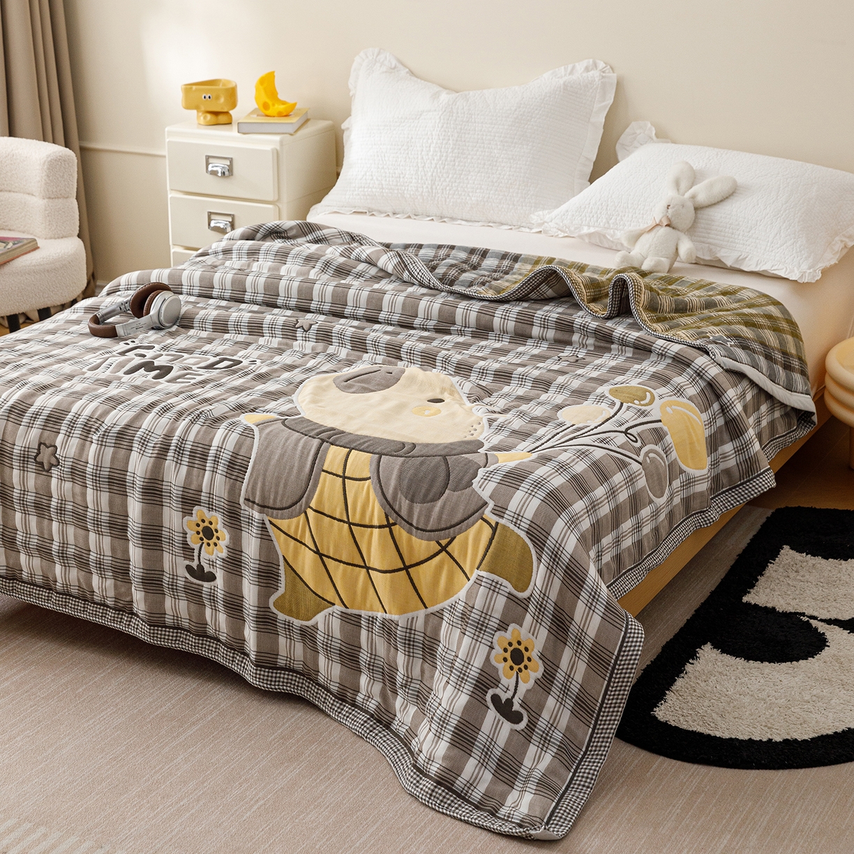 91家纺网 家纺一手货源 找家纺 朴尔家纺-毛巾被 2026新品十层轻肤纯棉云朵棉色织提花纱布泡芙被毛巾被 气球卡皮-灰