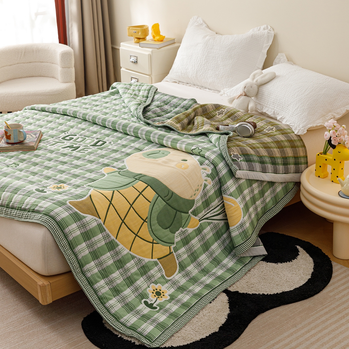 91家纺网 家纺一手货源 找家纺 朴尔家纺-毛巾被 2026新品十层轻肤纯棉云朵棉色织提花纱布泡芙被毛巾被 气球卡皮-绿